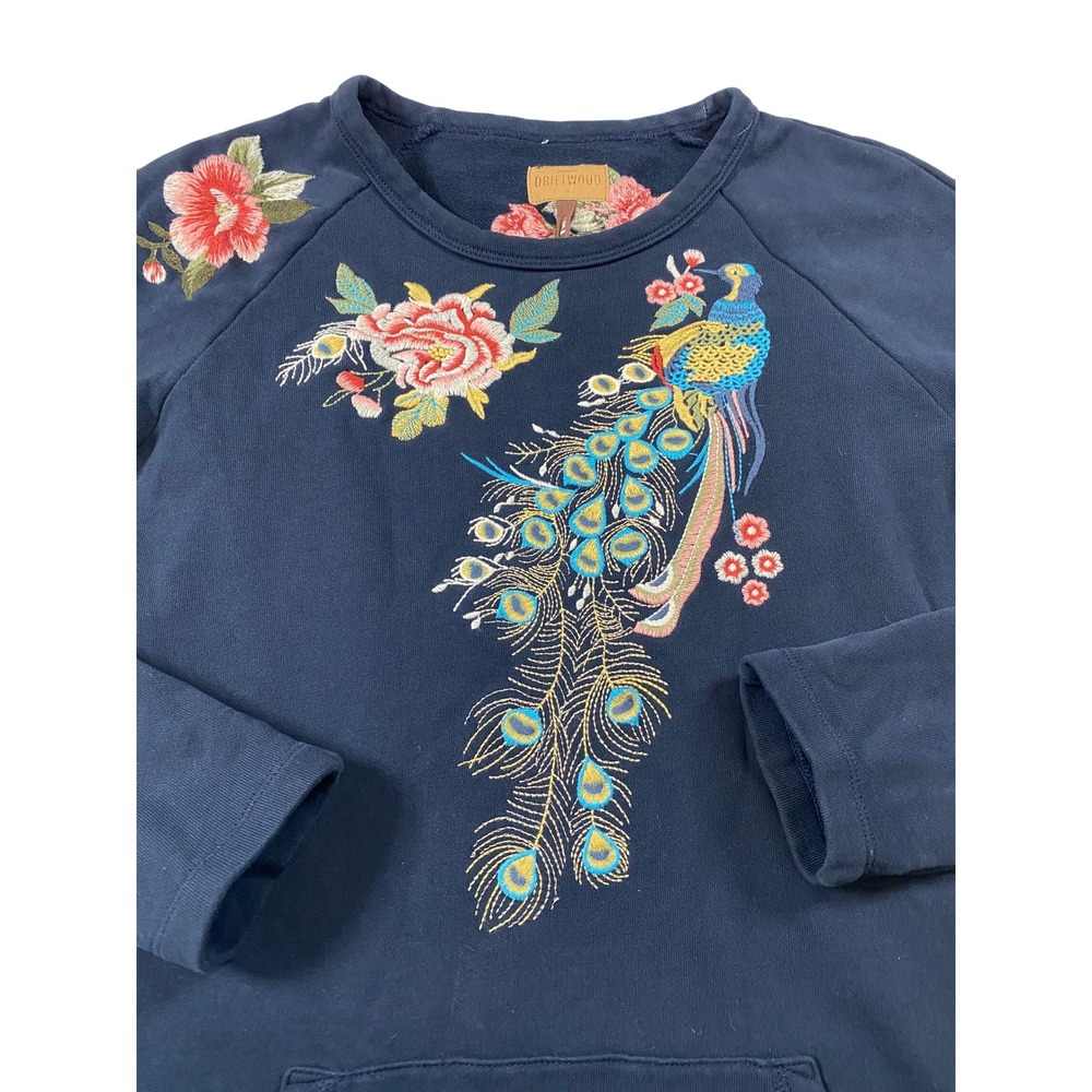 Driftwood‎ Layla Navy Blue Peacock Floral Embroidered Sweatshirt Dress Small